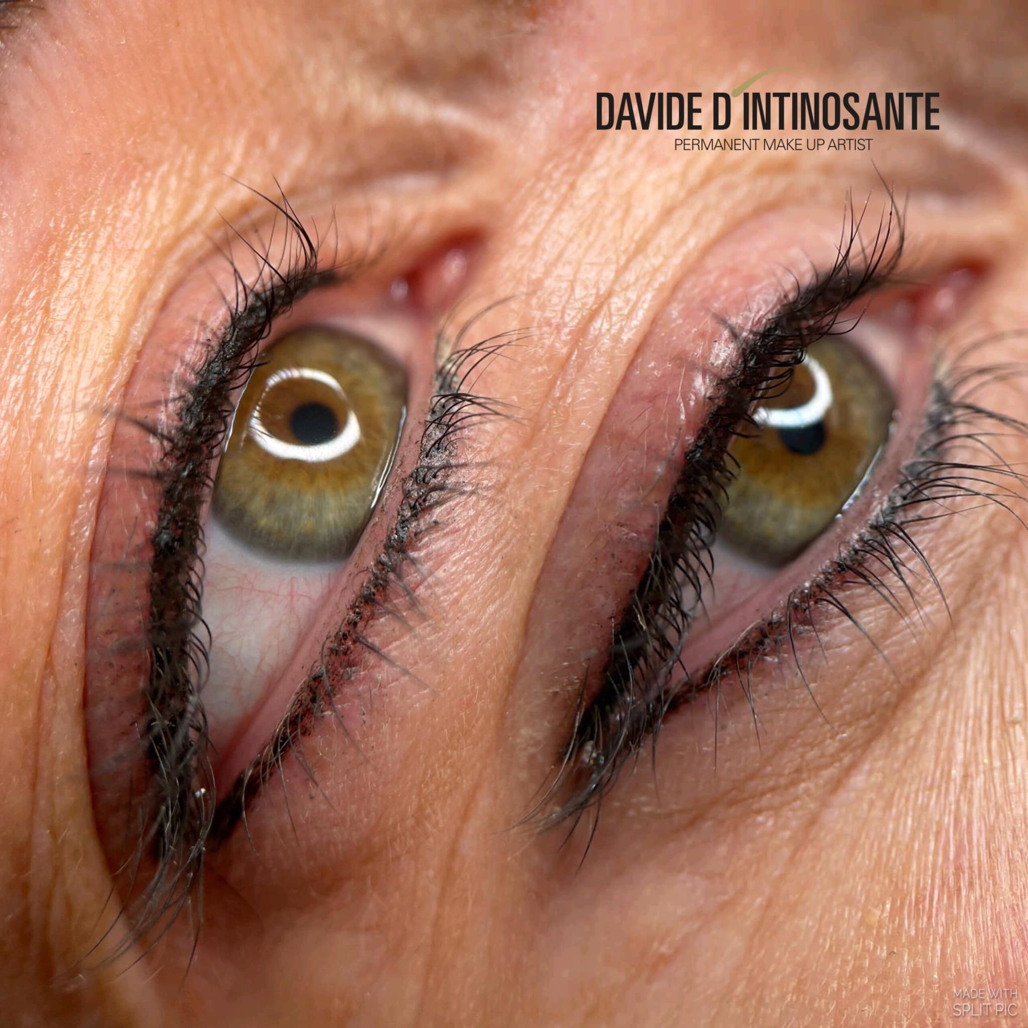 Occhi verde nocciola in primo piano con eyeliner permanente nero, scritta Davide D'Intinosante Permanent Make Up Artist